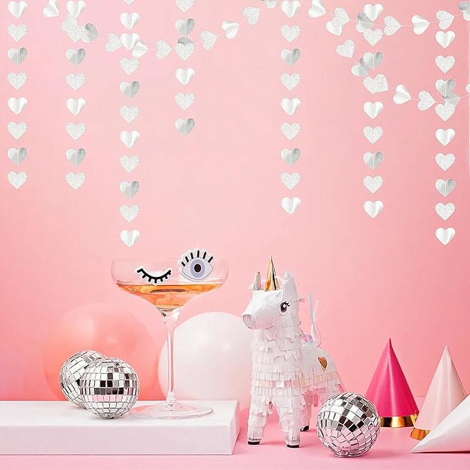 White -Silver Disco Party-Decoration Heart Garland - 52ft Birthday