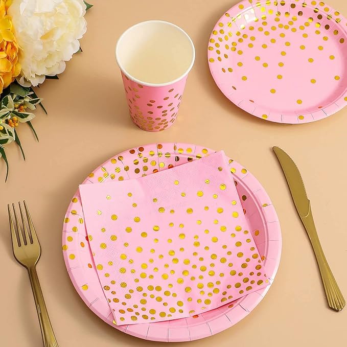 142 Piece Pink and Gold Party Supply Set, Polka Dot Tableware With