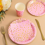 142 Piece Pink and Gold Party Supply Set, Polka Dot Tableware With
