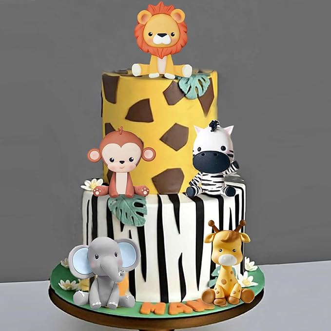 Jungle Safari Animal Cake Topper with Lion Giraffe Monkey Elephant