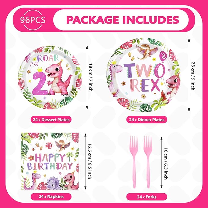 96 Pcs Pink Dinosaur Birthday Decorations for 2nd Girls Two Rex Girl