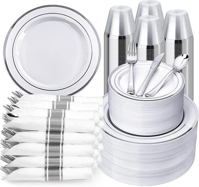 BESTVIP 700PCS Silver Plastic Dinnerware Set for 100 Guests,