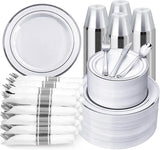 BESTVIP 700PCS Silver Plastic Dinnerware Set for 100 Guests,