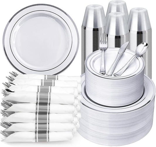BESTVIP 700PCS Silver Plastic Dinnerware Set for 100 Guests,