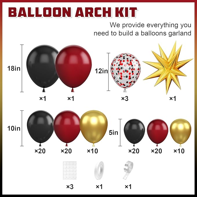 Burgundy Balloon Arch Kit,Black Gold Maroon Balloon Garland with Star