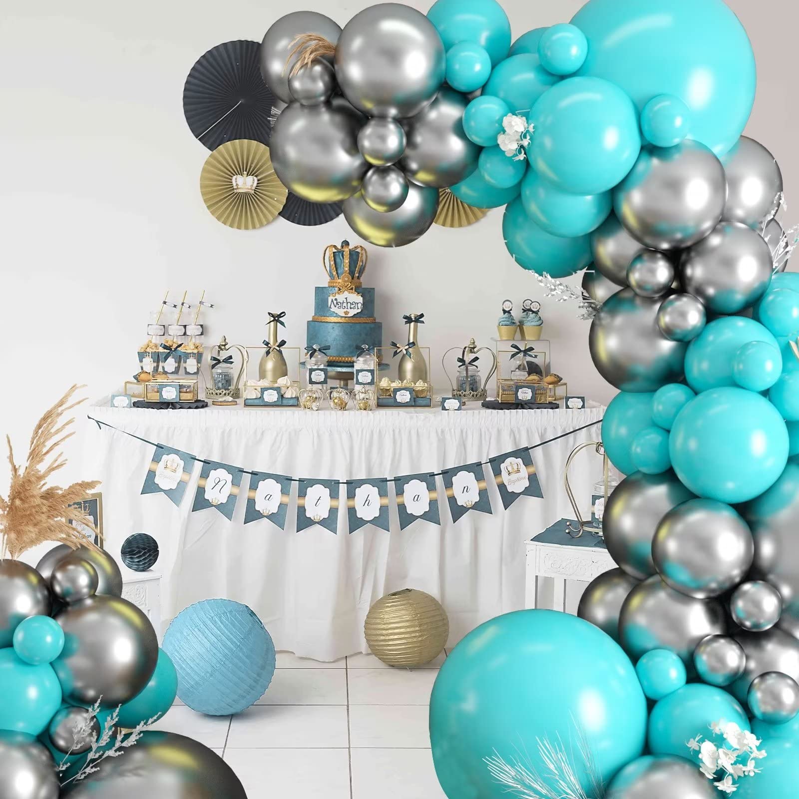 Teal Balloon Garland Kit, 100 Pcs Metallic Silver and Teal Blue