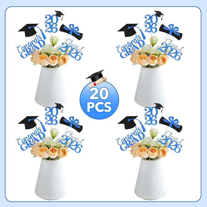 Graduation Decorations 2026, 20 PCS Sparkling Black and Blue