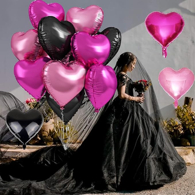 Pink Black Heart Foil Balloons, 12Pcs 18 Inch Hot Pink and Black