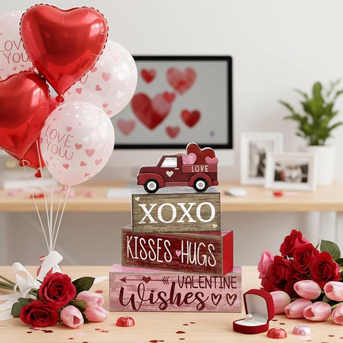 4 Pcs Valentine's Day Table Decoration Wooden Heart Truck Decor