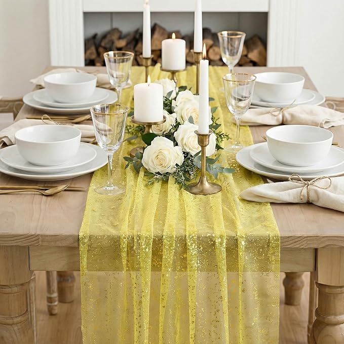 Artoid Mode Light Yellow Gold Gauze Table Runner 59x120 Inch 10FT,