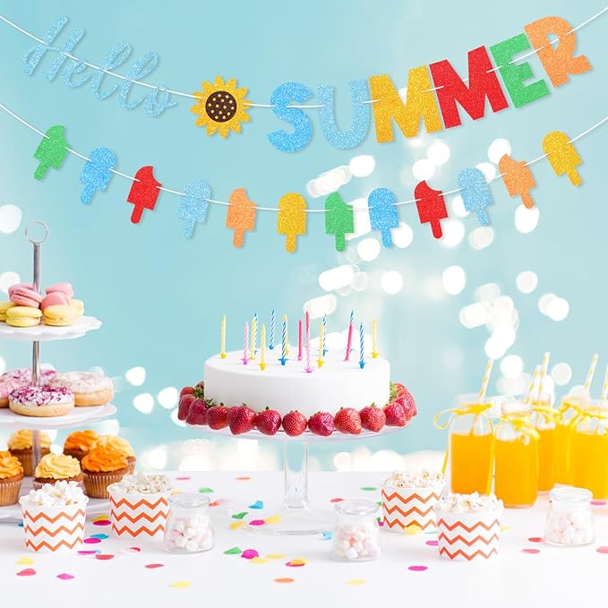 Hello Summer Banner Colorful Glitter Hello Summer Ice Cream Garland