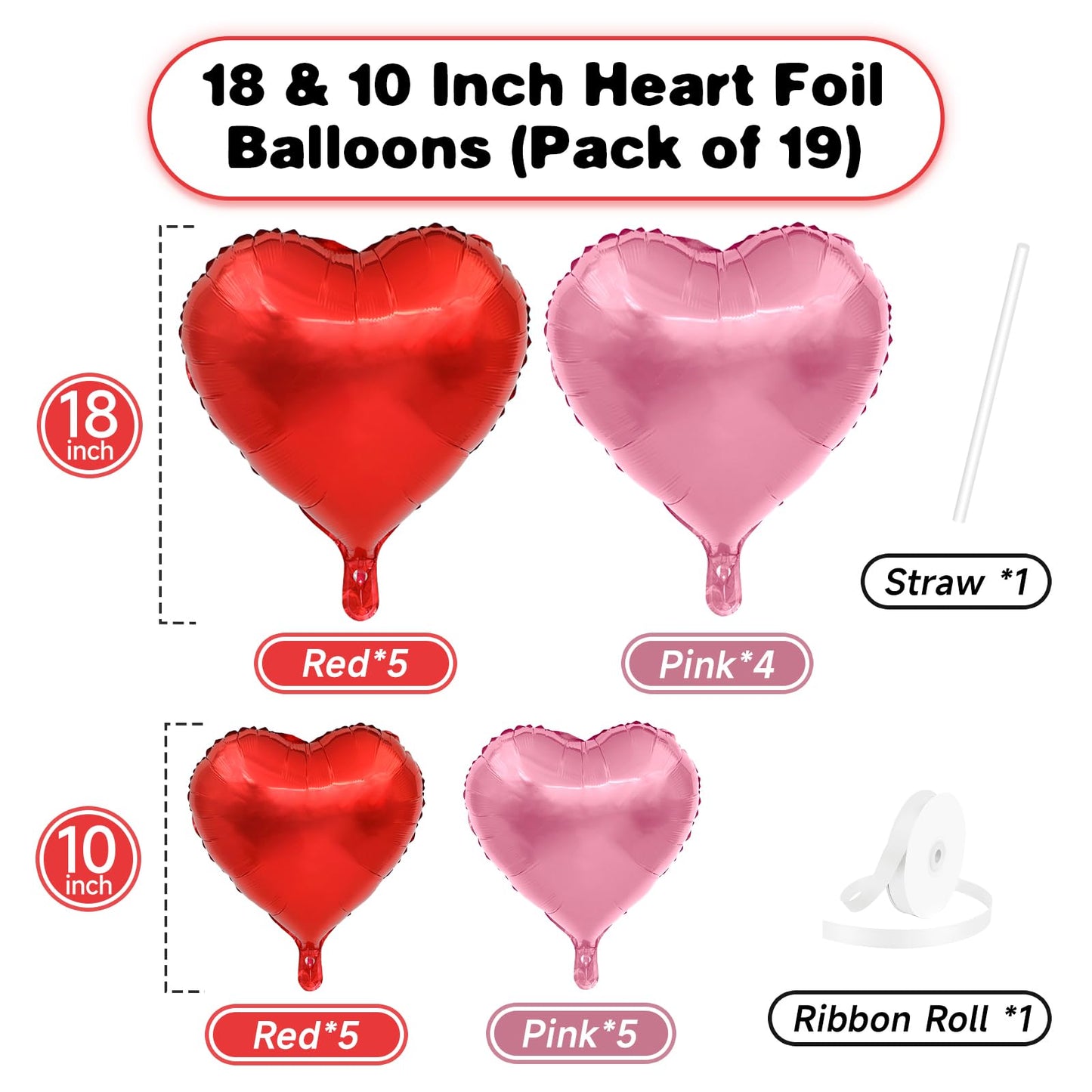 Pink Red Heart Balloons, 19PCS Light Pink and Red Heart Shape Balloon