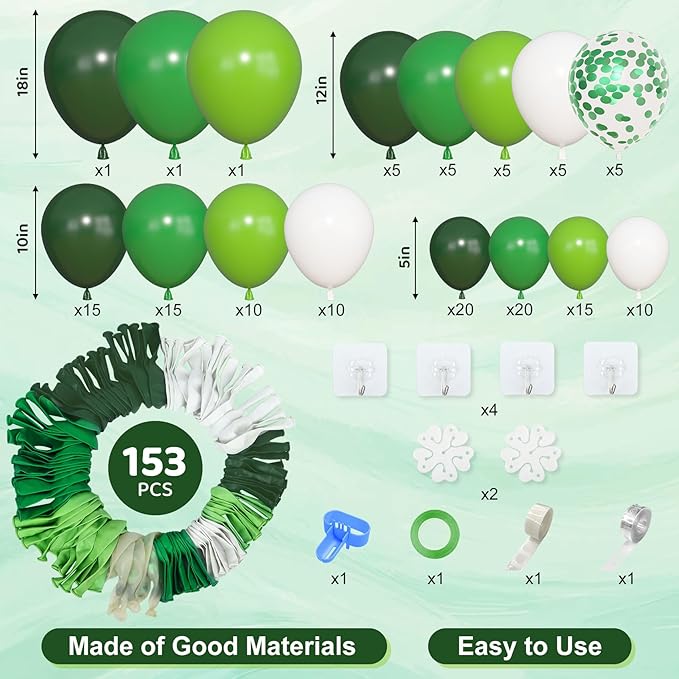 Amandir 153pcs Green Balloons Arch Garland Kit, Different Sizes 18 12