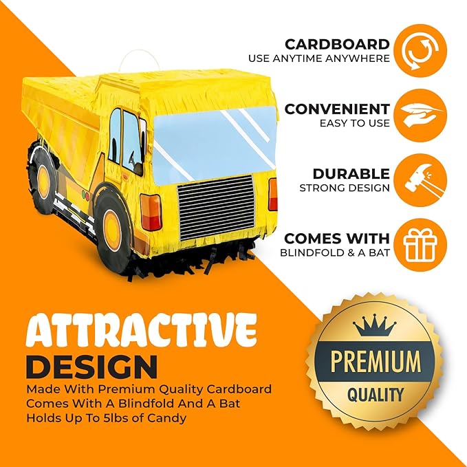 Small Dump Truck Pinata Bundle with a Blindfold and Bat 16 x 9 x 6.5