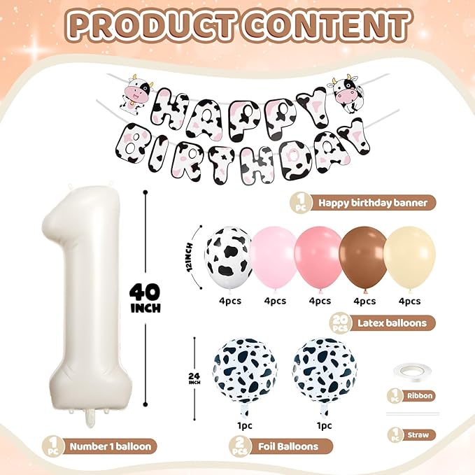 1st Birthday Decorations for Girls, 40 Inch Cream Number 1 Balloon,