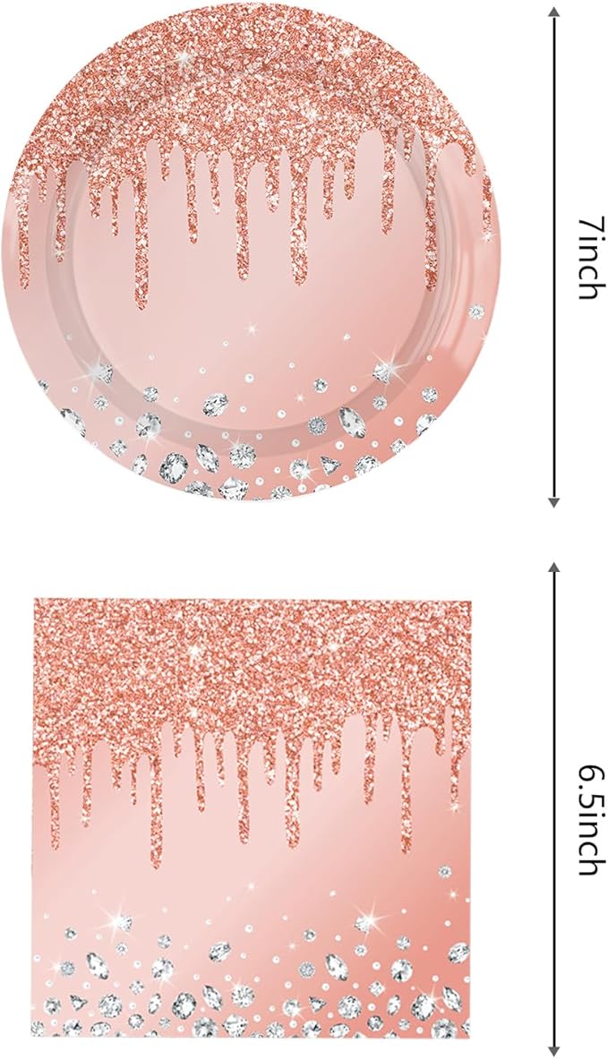 Pink Rose Gold Birthday Decorations Dessert Plates and Napkins for