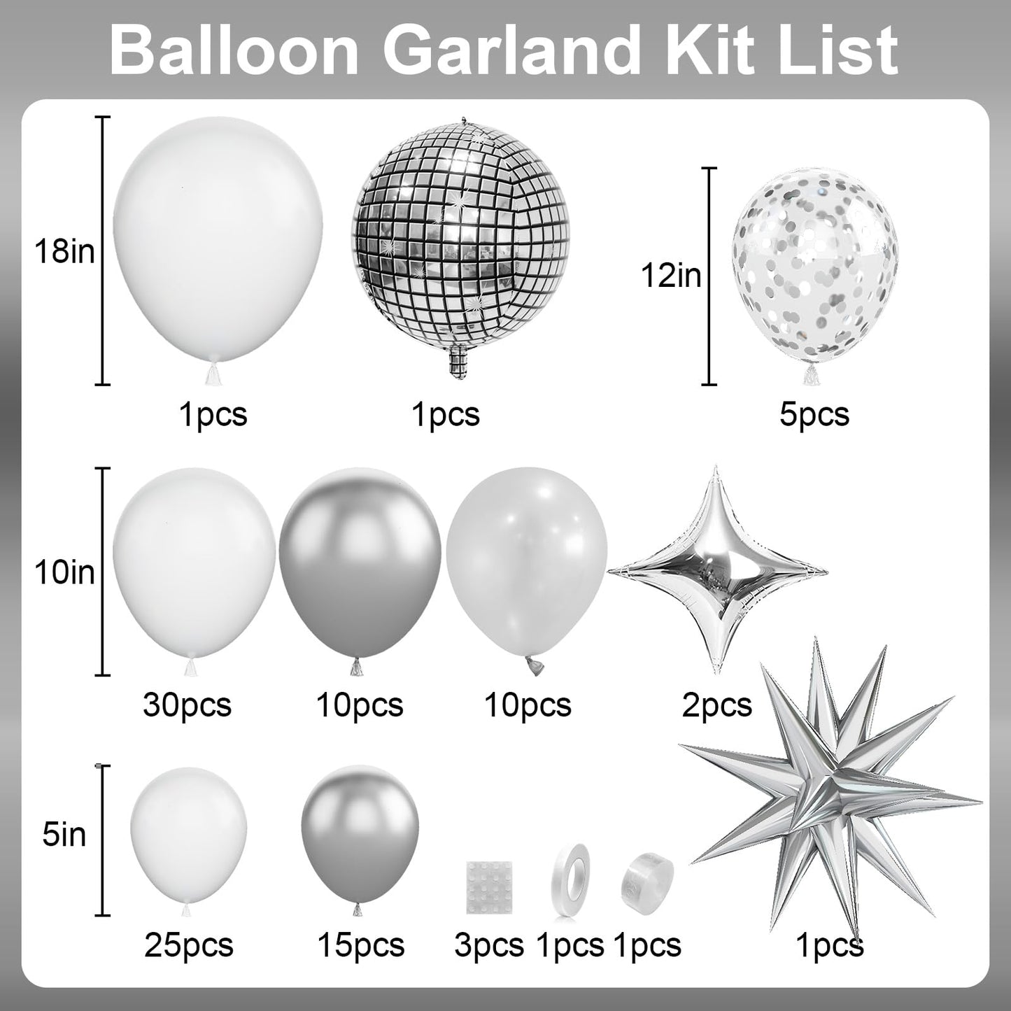 White and Silver Balloon Arch Garland Kit,White Silver Star Confetti