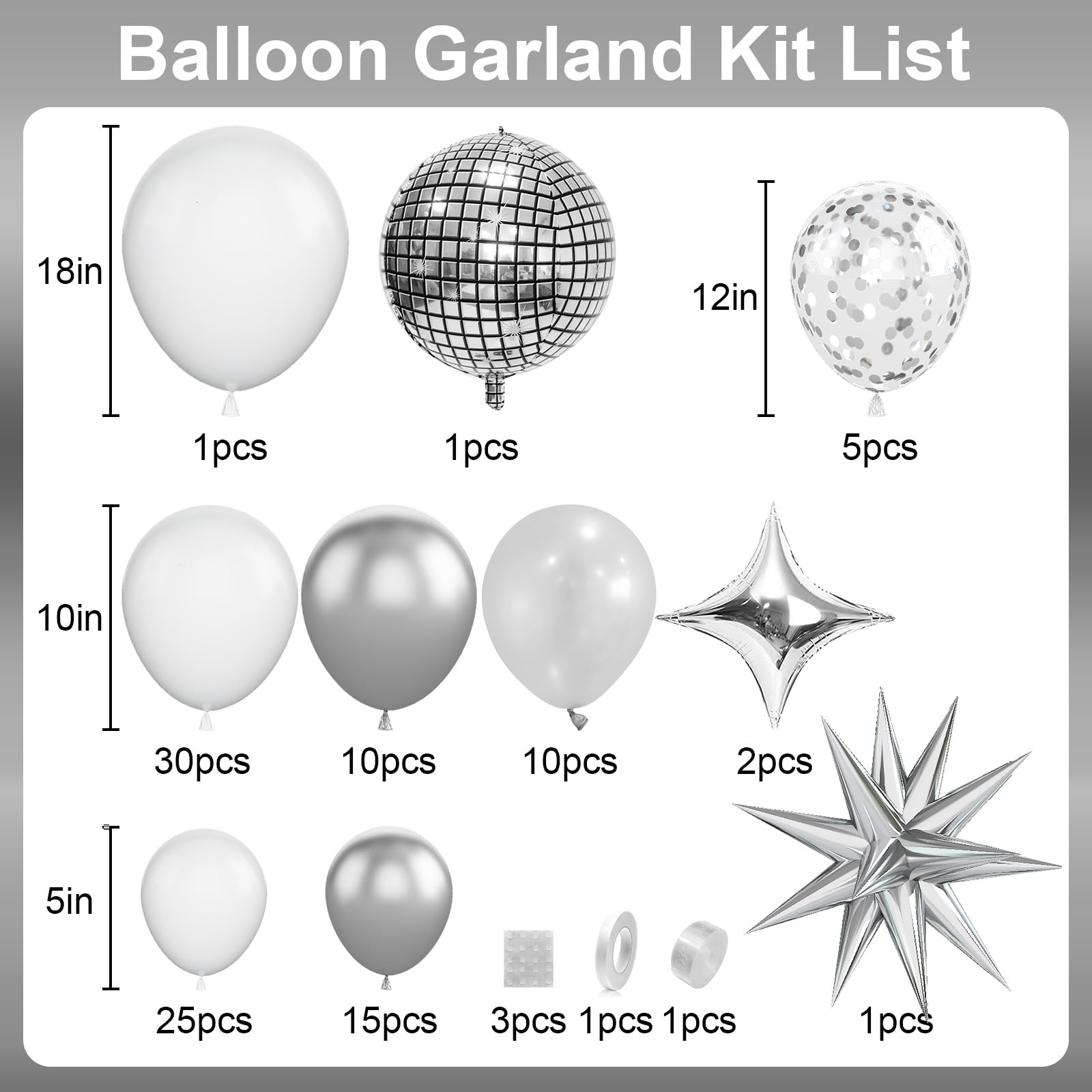 White and Silver Balloon Arch Garland Kit,White Silver Star Confetti