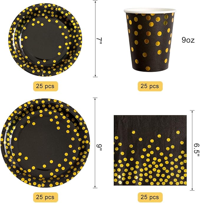 HOMIX Black and Gold Party Supplies 175 Pieces Disposable Black Paper