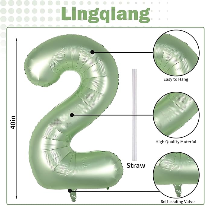 40" Balloon Number 2 Sage Green, Large Foil Number Balloons Set 0-9,