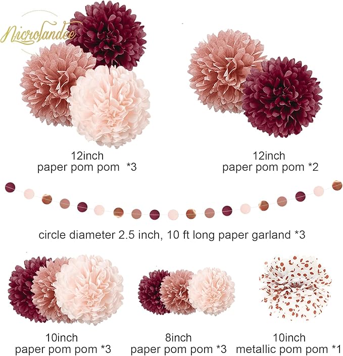 Bachelorette Party Decorations 15Pcs Burgundy Rose Gold Tissue Pom