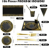 Sylken 186 Pieces Black and Gold Party Tableware Set - 25 Guests
