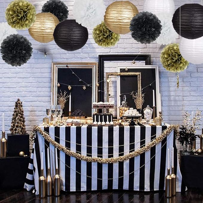 Black Gold Party Decorations, Black Gold Paper Lanterns and Pom Poms