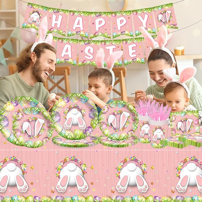 Happy Easter Decorations 142Pcs Easter Bunny Plates and Napkins Kit