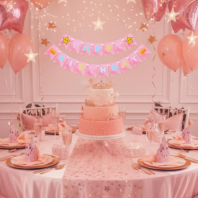 Pink Princess Party Supplies 8.2ft Happy Birthday Banner Signs Pink