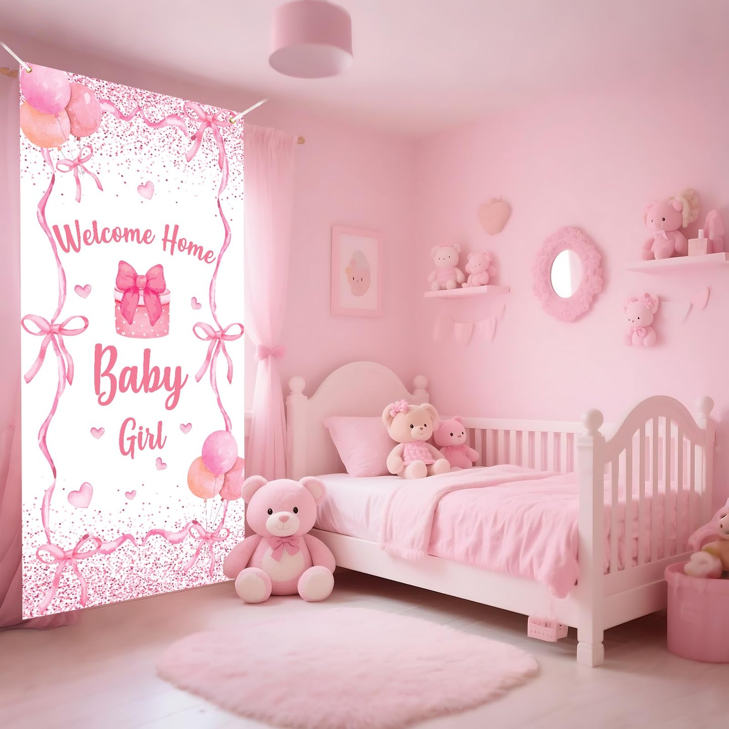 Welcome Home Baby Girl Banner Decorations Pink Bow Baby Shower