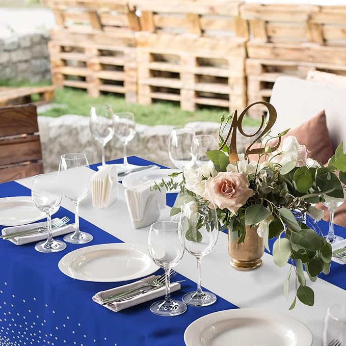 16Pack Disposable Plastic Tablecloths and Satin Table Runner Set Blue