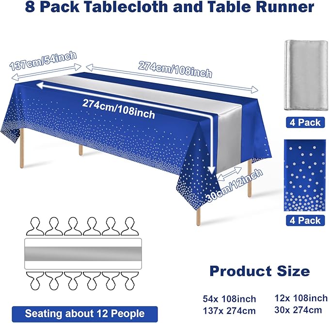 8Pack Disposable Plastic Tablecloths and Satin Table Runner Set Blue a