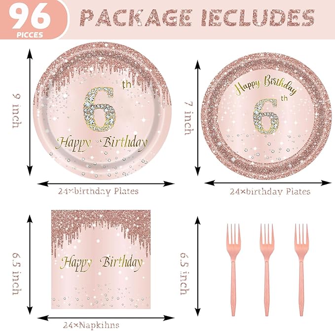 24 Sets 6th Rose Gold Birthday Party Decrations for Girls 6 Birthday