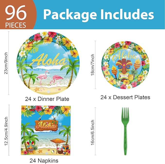 96PCS Hawaiian Aloha Tableware Set Luau Tropical Dinnerware