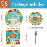 96PCS Hawaiian Aloha Tableware Set Luau Tropical Dinnerware