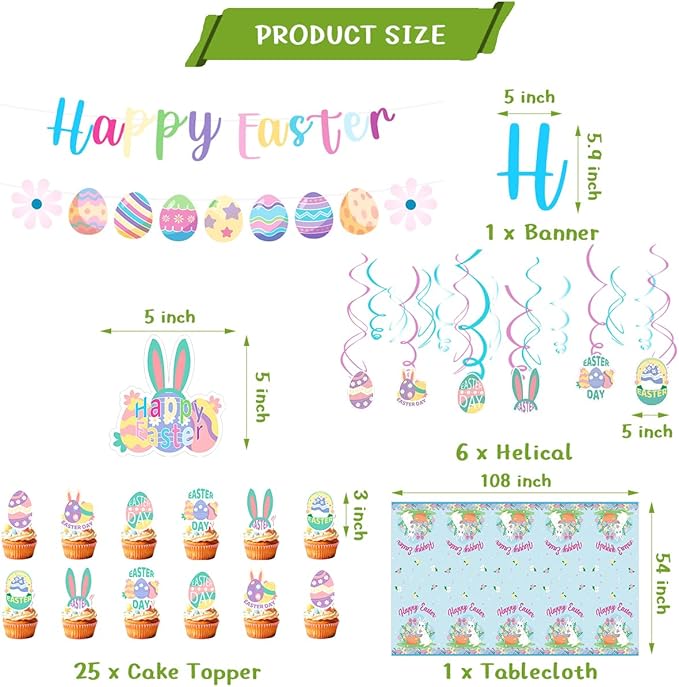 Easter Party Decorations Set with Happy Banner Rabbit Big Tablecloth