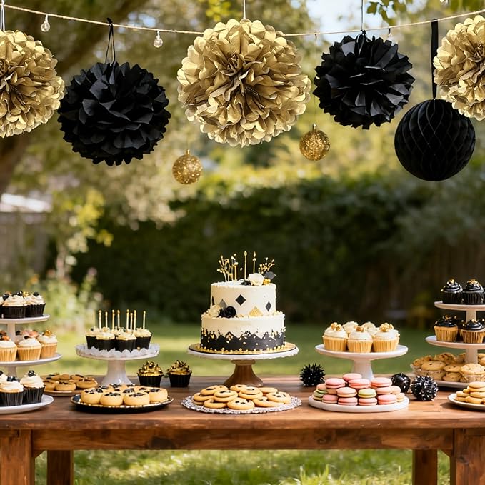 Black Gold Paper Pom Poms for Wedding Birthday Black Gold Party