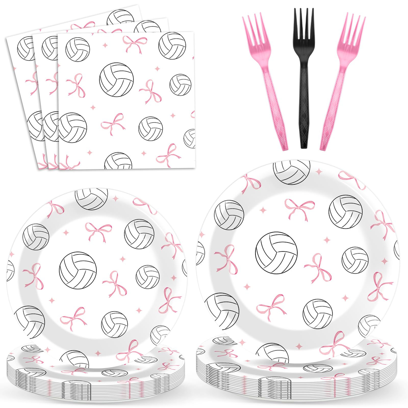96PCS Volleyball and Bow Party Paper Plates and Napkins for Sports
