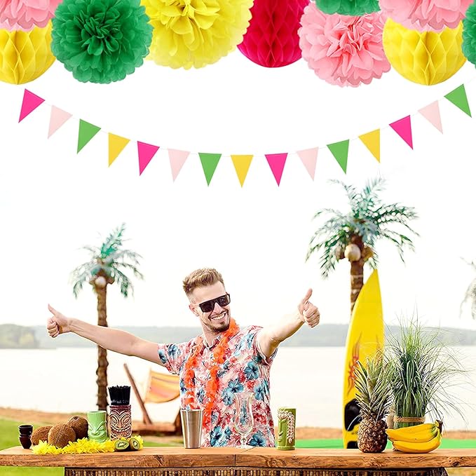 Hawaiian Pink Green Yellow Party Decorations 20pcs Aloha Paper