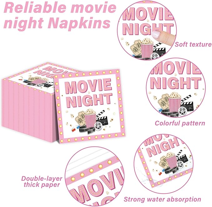 96Pcs Movie Night Party Supplies Pink Movie Birthday Plates and