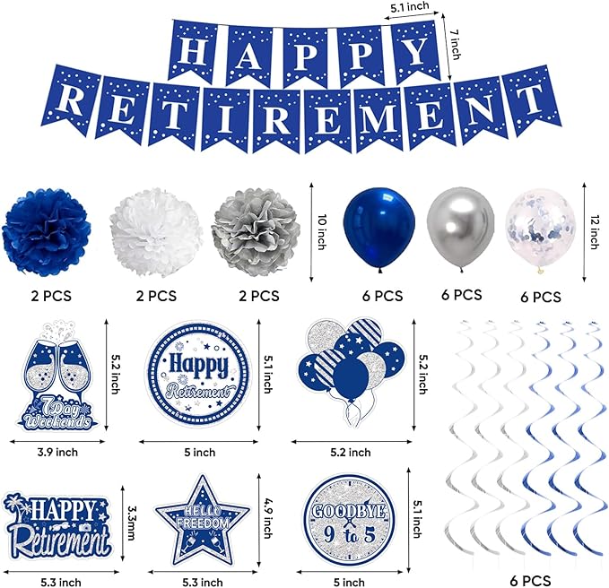 Retirement Party Decorations for Men Women Blue Silver Happy