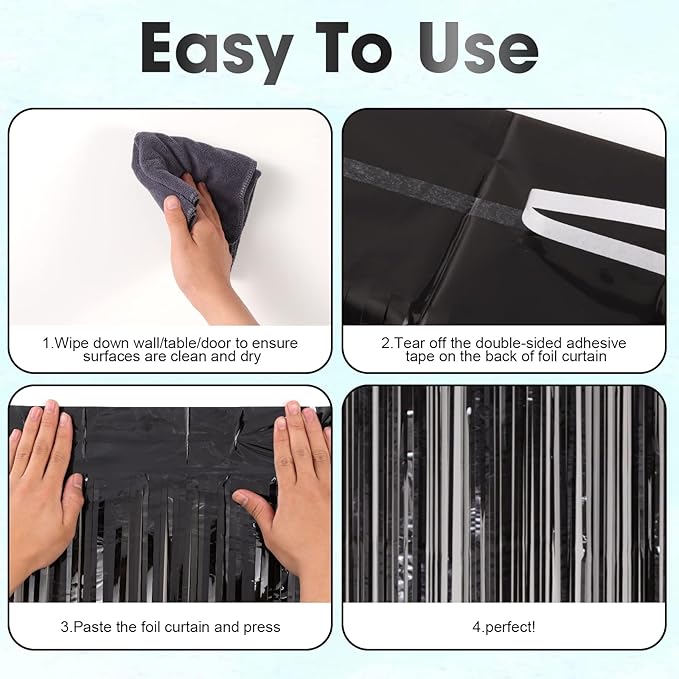 Voircoloria 3 Pack 3.3x8.2 Feet Black Foil Fringe Backdrop Curtains,