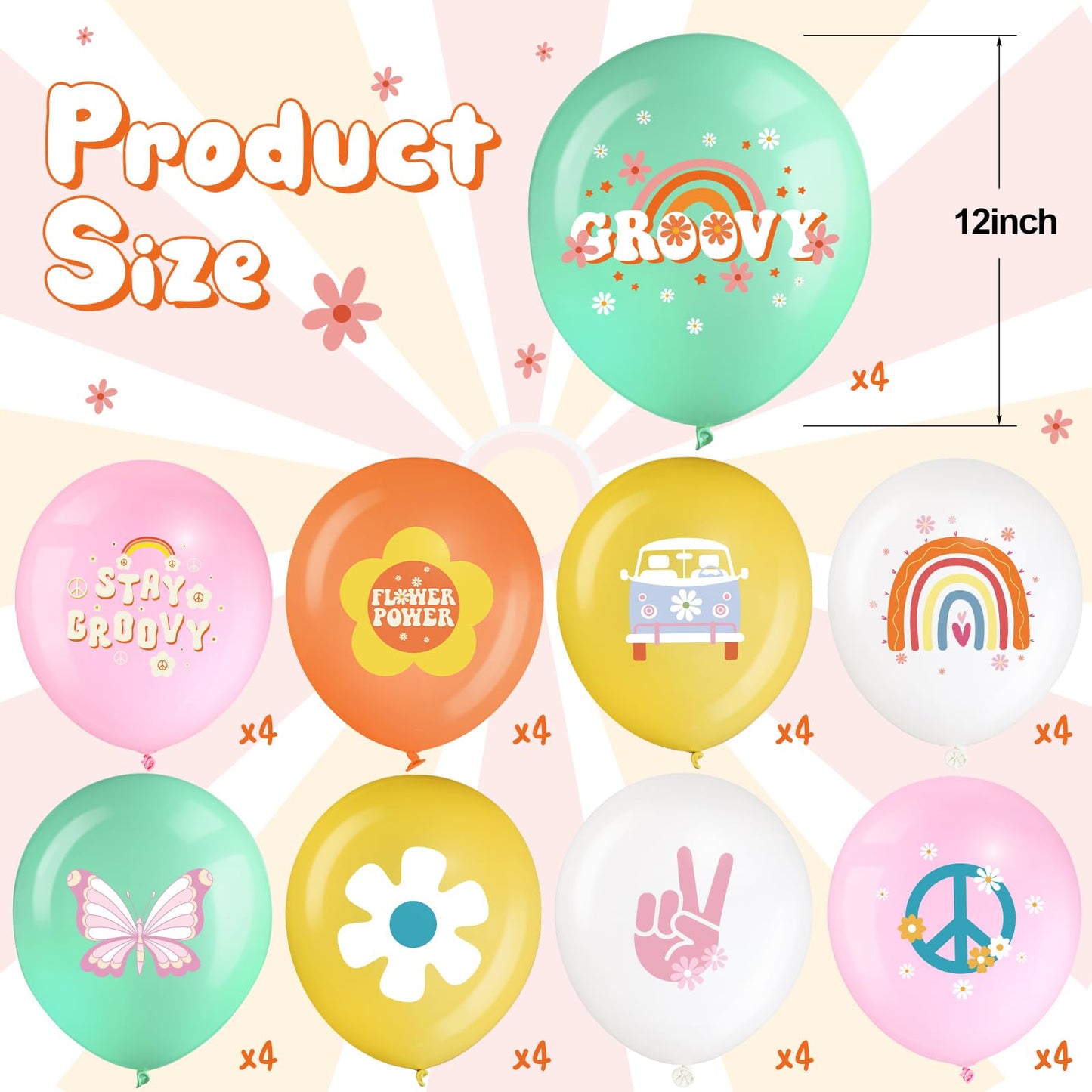 Hiboom 72 Pcs Groovy Retro Hippie Balloons Boho Peace Party Decor Fres