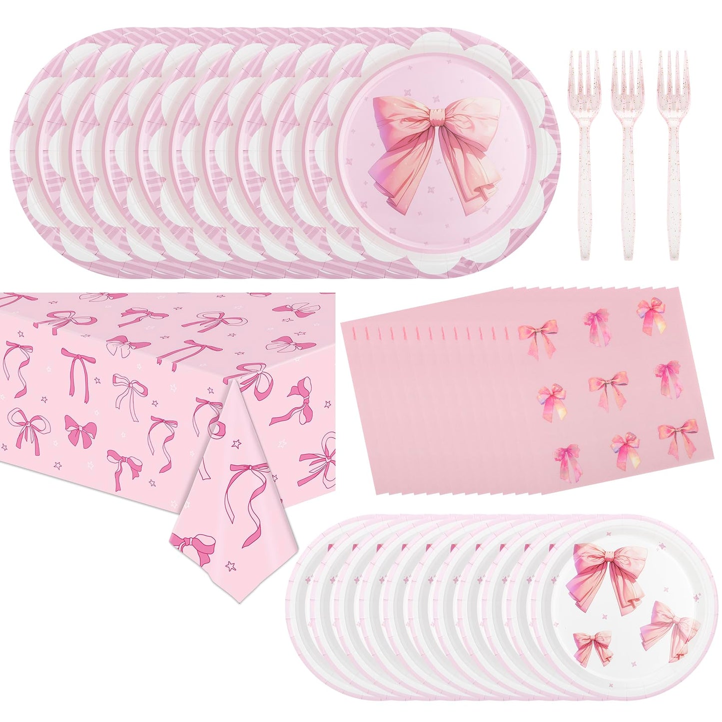 Pink Bow Party Plates and Napkins Supplies - 25 Disposable Plates, 25
