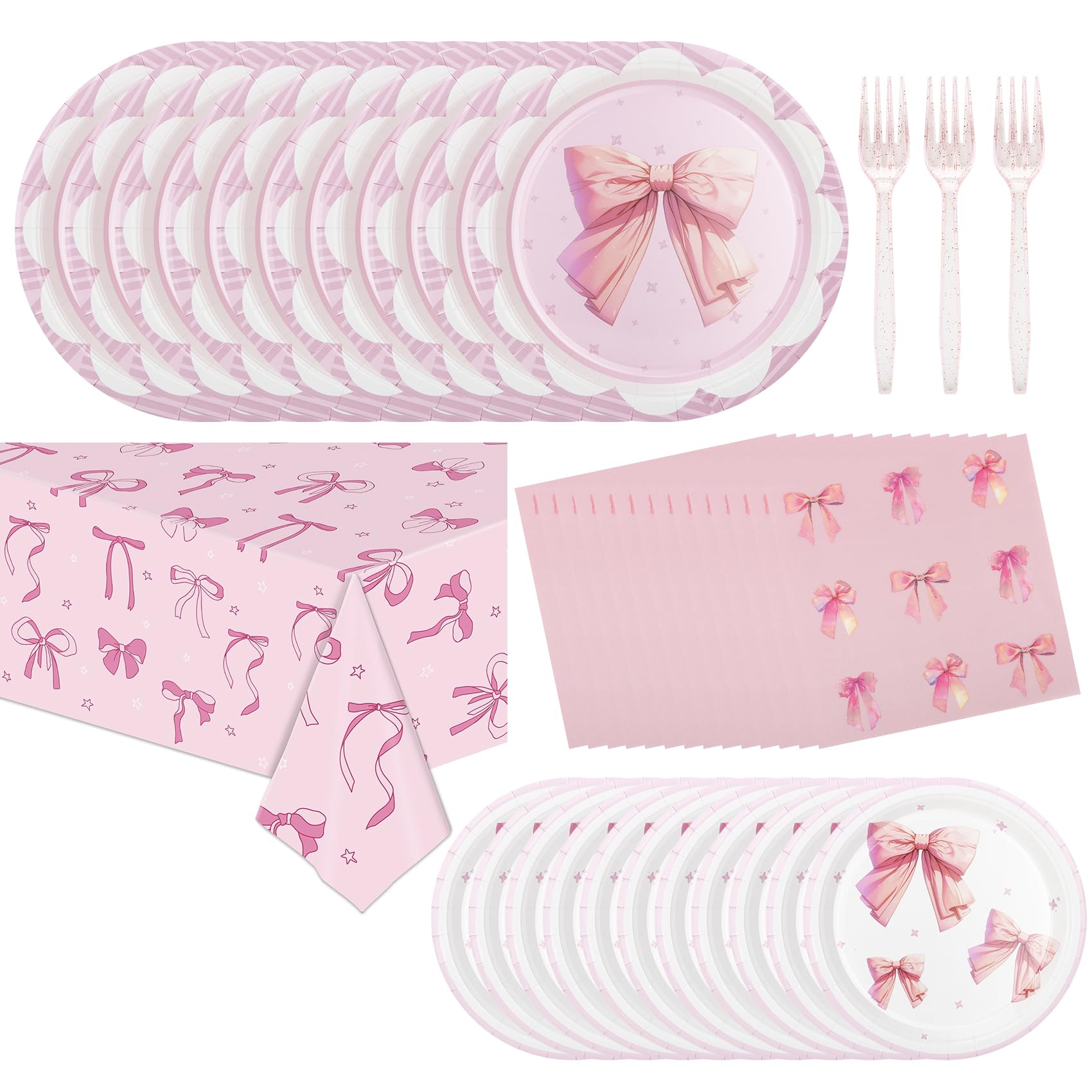 Pink Bow Party Plates and Napkins Supplies - 25 Disposable Plates, 25