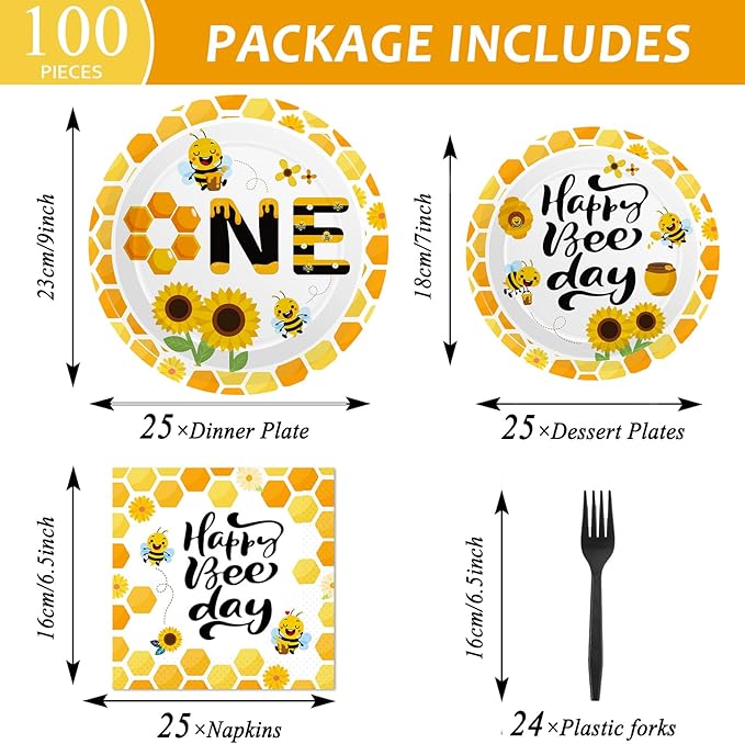 100 Pcs Bee 1st Birthday Party Supplies Paper Plates and Napkins Set