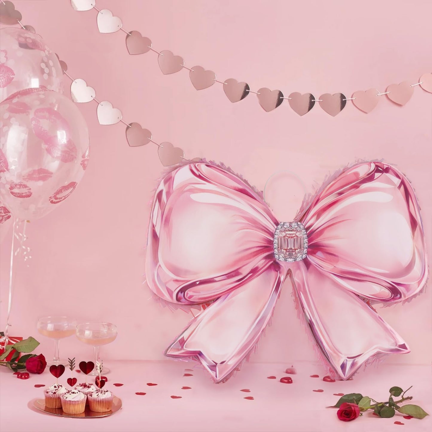 Pink Bow Pinata Set - Coquette Pink Crystal Bow Piñata with Blindfold