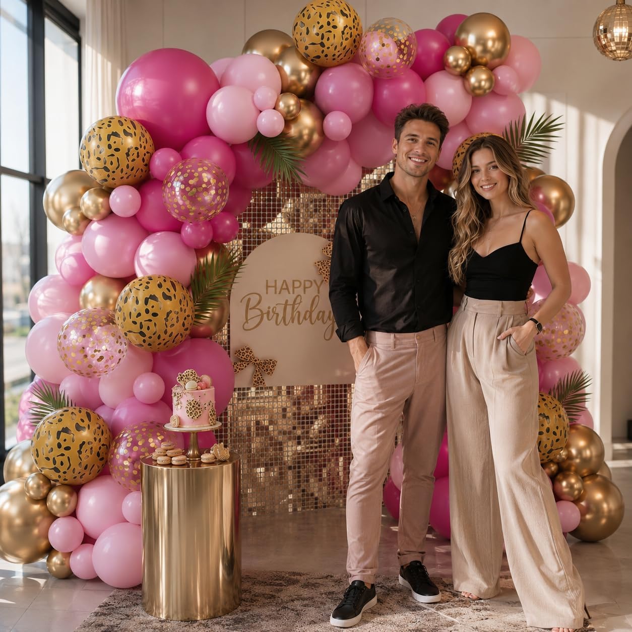 Hot Pink Cheetah Print Balloon Arch Kit, Pink Gold Balloons Garland