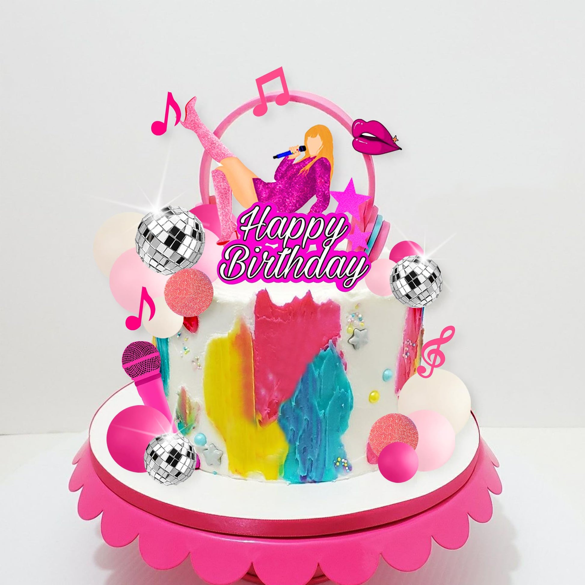 26 PCS Music Cake Toppers Pink Birthday Cake Topper and Disco Cake