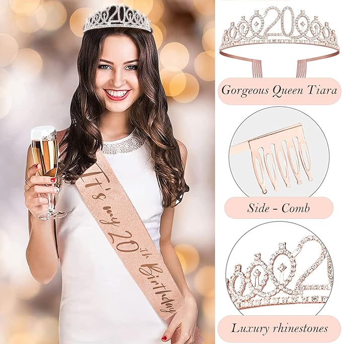 20th Birthday Decorations for Women Birthday Sash and Crown Cake
